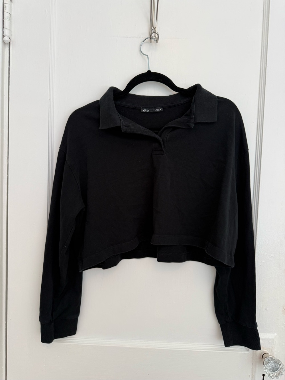 Zara Black Cropped Polo Sweatshirt Long Sleeve Large